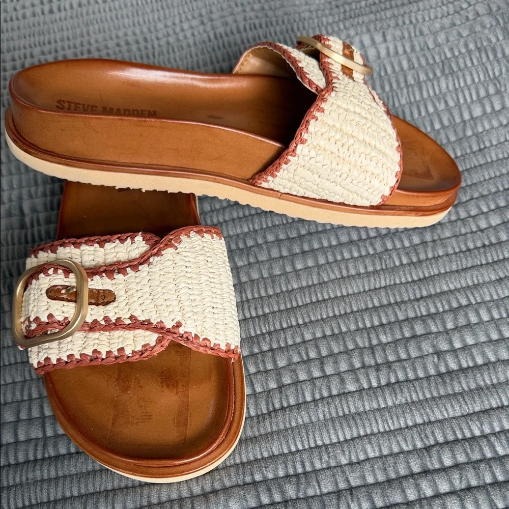 Steve Madden Tan Leather and Cream Woven Buckle Slide Sandals